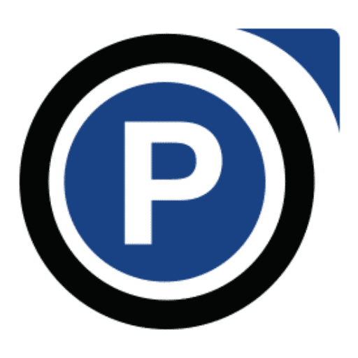 A black and blue parking sign with a blue circle.