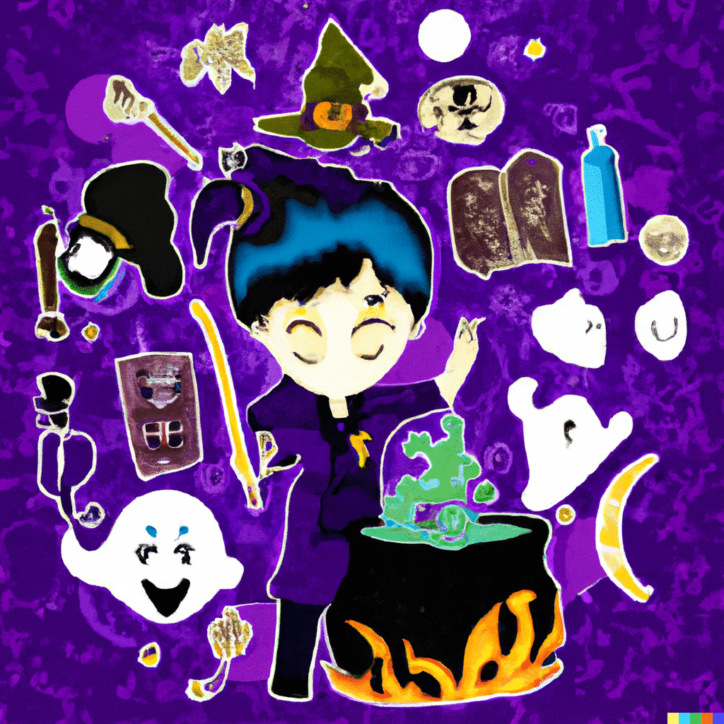 A cartoon witch with a cauldron and other spooky items conjure 