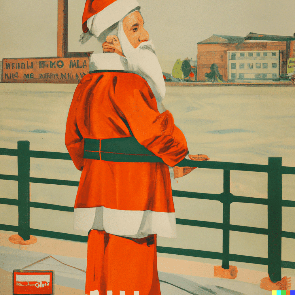 A Santa Claus spreading holiday cheer at the Baltimore Christmas Experience, standing on a railing near the Harbor Park Garage parking spot.