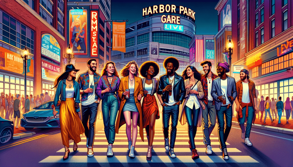 A group of people crossing a street at night near Inner Harbor Concerts.