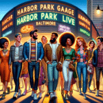In January 2024, a group of people gathers in front of Harbor Park Live, a building that showcases Inner Harbor Concerts and Baltimore Beats.