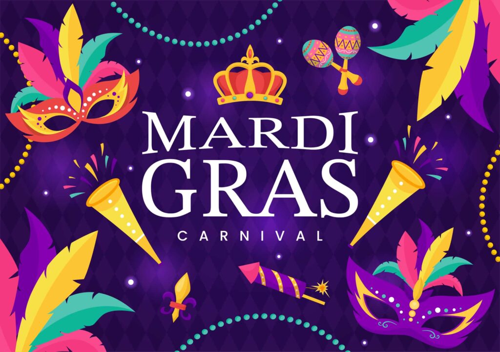 Mardi Gras carnival at Power Plant Live with colorful masks and feathers.