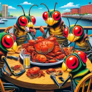 DALL·E 2024-04-15 18.52.12 - A playful and colorful illustration of cicadas enjoying a crab feast at Baltimore's Inner Harbor. The scene depicts several oversized, cartoon-style c