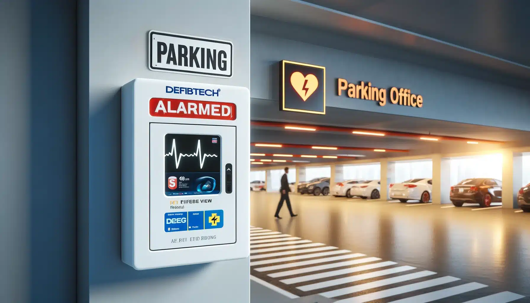A modern parking garage entrance with a Defibtech Lifeline VIEW_ECG AED device in a white alarmed box mounted on the wall of the parking office.