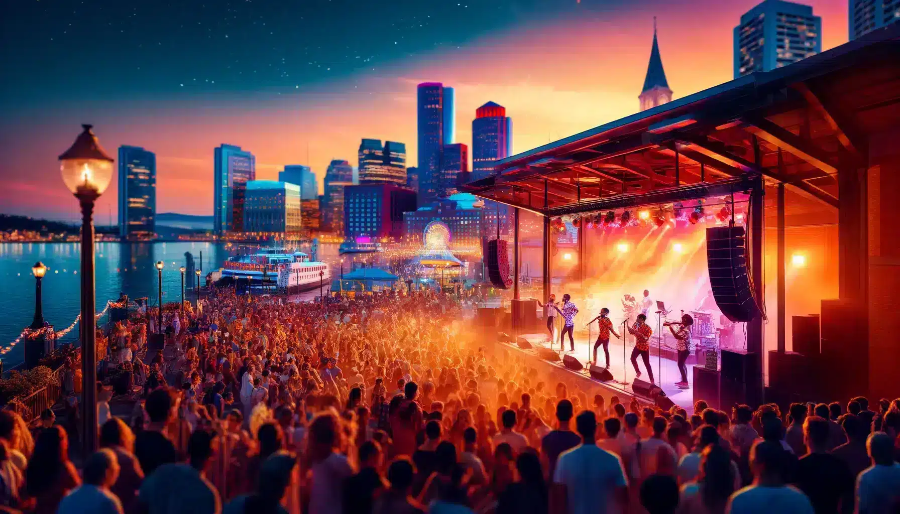 A vibrant concert scene at the Inner Harbor featuring a Latin band performing on stage, with people dancing, colorful lights illuminating the area.