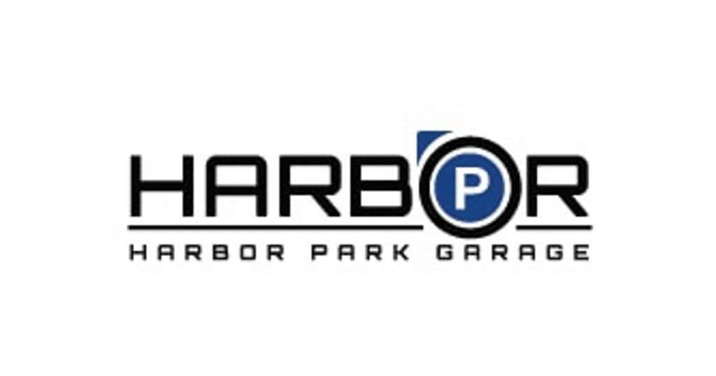 Logo of Harbor Park Garage with "Harbor" in bold letters and a blue "P" inside a circle representing parking.