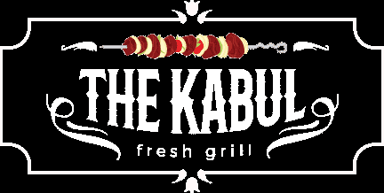 Logo for "The Kabul Fresh Grill" featuring a skewer with meat and vegetables above the restaurant name, framed with decorative white borders.
