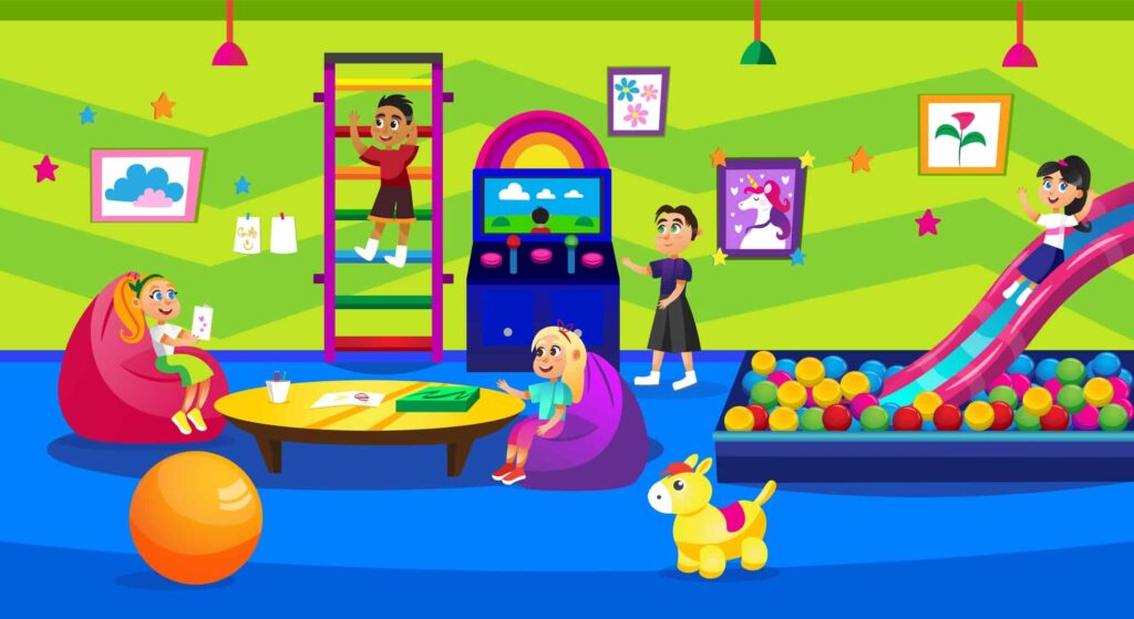 Children playing in a colorful indoor playroom with bean bags, an arcade machine, a ball pit, and wall decorations.