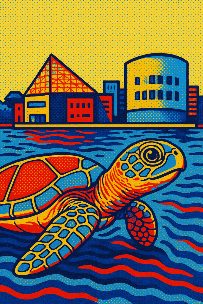 A stylized illustration of a sea turtle swimming in water with modern buildings, including a pyramid-like structure, in the background; the colors are vivid yellow, red, and blue.