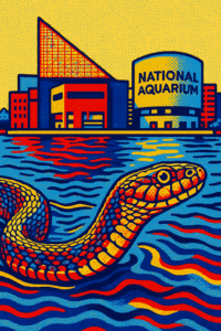 Illustration of a snake swimming in water in front of the National Aquarium building, with bold yellow, red, and blue colors.