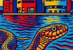 Illustration of a snake swimming in water in front of the National Aquarium building, with bold yellow, red, and blue colors.