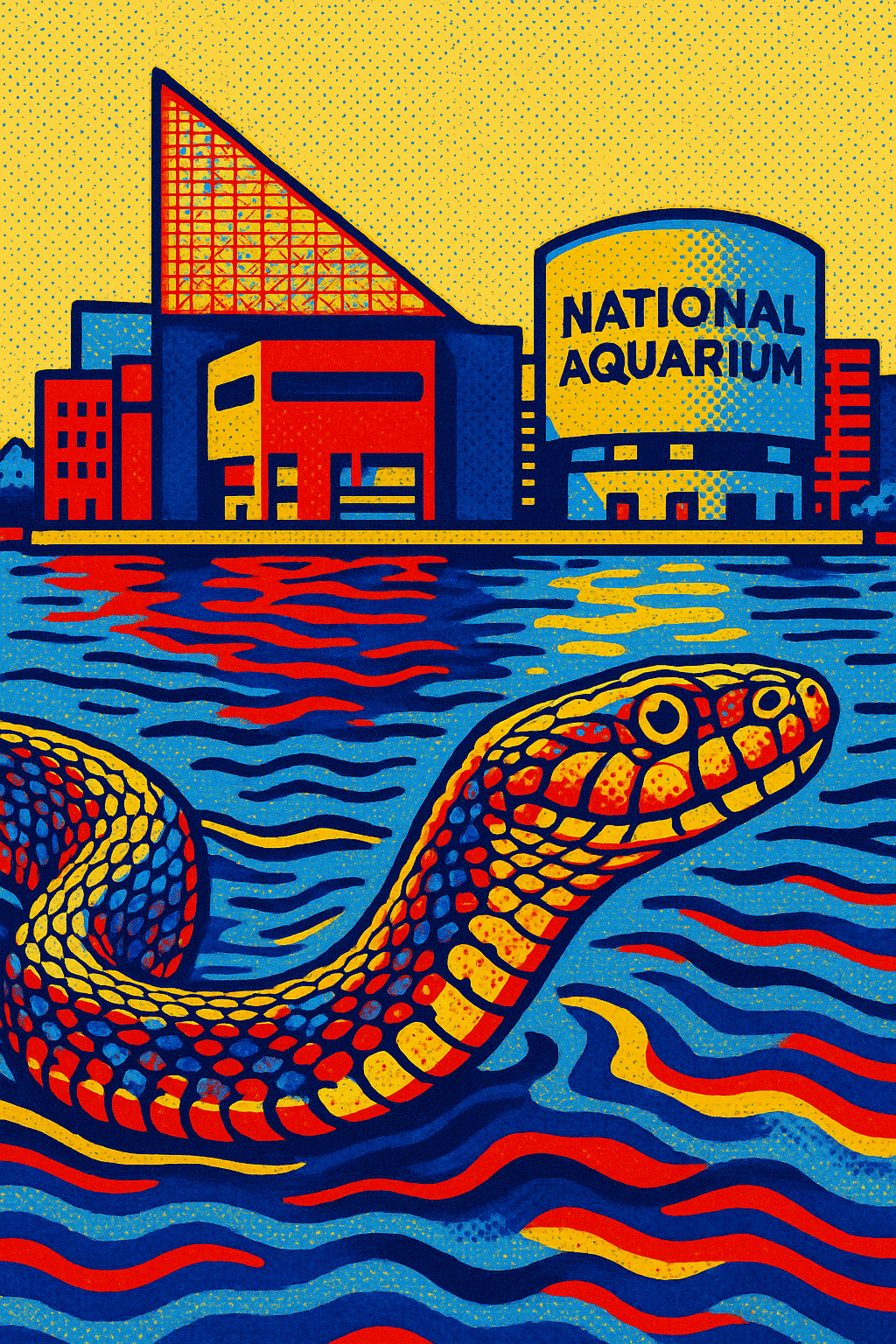 Illustration of a snake swimming in water in front of the National Aquarium building, with bold yellow, red, and blue colors.