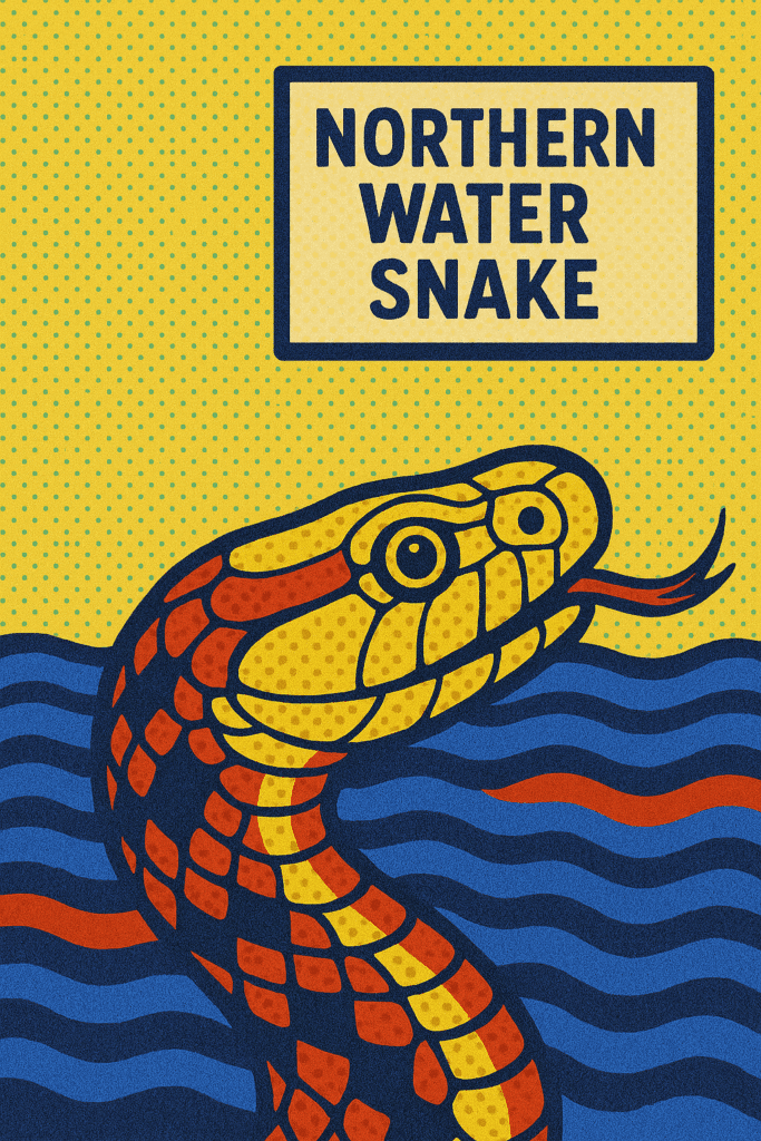 Illustration of a northern water snake with a patterned body and forked tongue, set against a yellow background with a sign reading "Northern Water Snake.