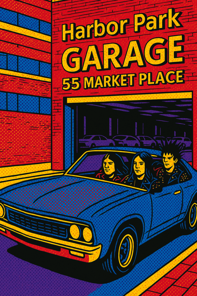Illustrated poster of three people in a blue car exiting Harbor Park Garage at 55 Market Place, with a retro, comic book style design.