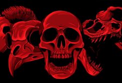 Illustration of various red skulls, including a human, bird, and several animal skulls, arranged in a row on a black background.