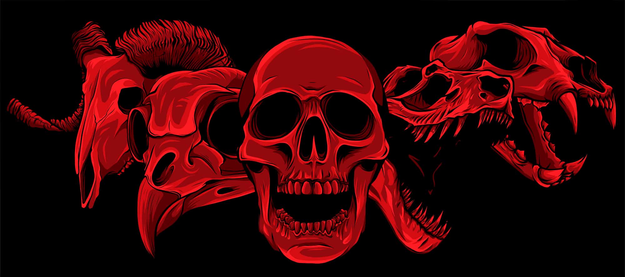 Illustration of various red skulls, including a human, bird, and several animal skulls, arranged in a row on a black background.