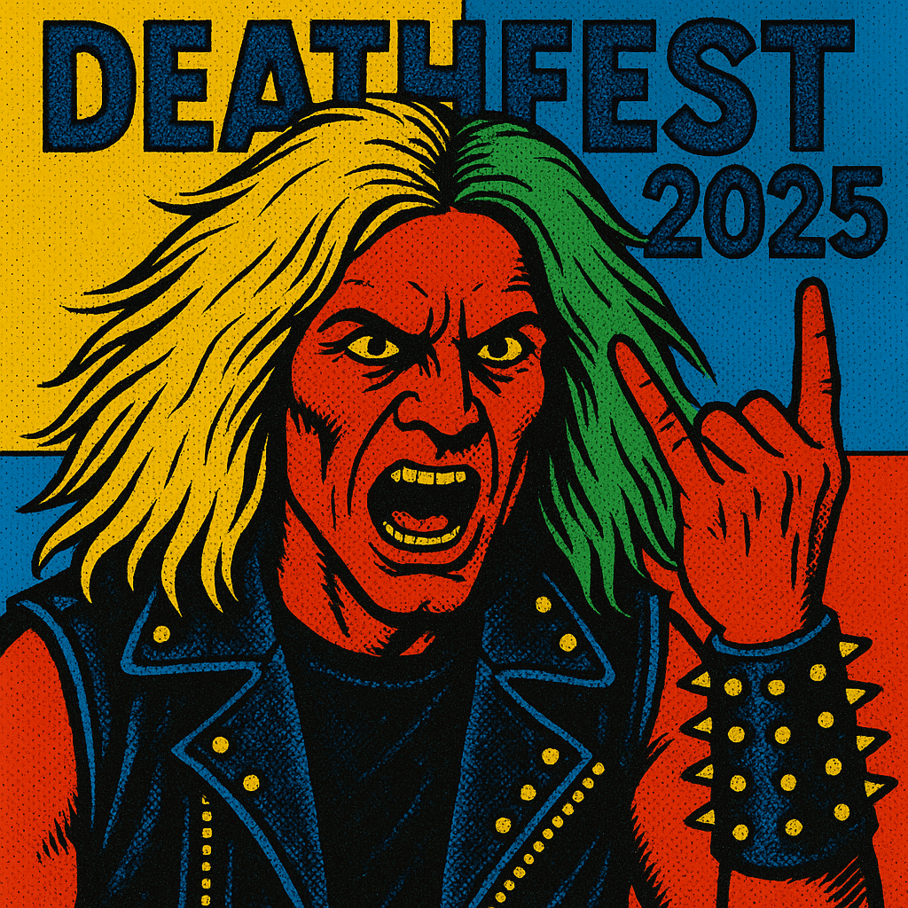 Illustration of a person with long hair making the "devil horns" gesture, wearing a studded vest, with "DEATHFEST 2025" text in the background.