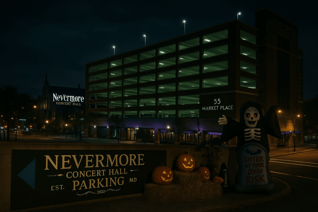 A parking garage at night with a sign for Nevermore Concert Hall, several lit pumpkins, and an inflatable Grim Reaper that reads "Enter at your own risk" near the entrance.