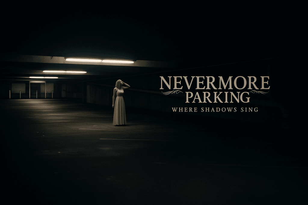A woman in a white dress stands alone in a dimly lit parking garage, with the text "NEVERMORE PARKING Where Shadows Sing" displayed beside her.