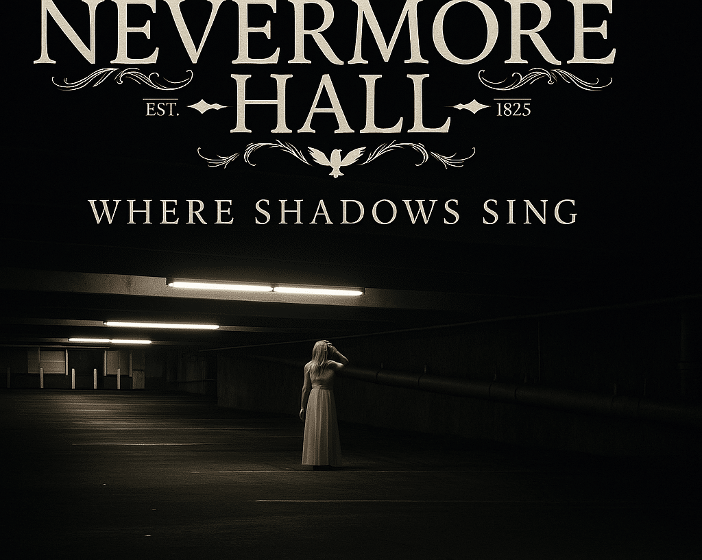 A woman in a long white dress stands alone in a dimly lit parking garage beneath the text “Nevermore Hall: Where Shadows Sing.”.