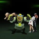 A cartoon ogre with glowing hands stands in the center, flanked by a bronze lion statue and two people posing, one in a white outfit and the other in dark attire, against a dark background.