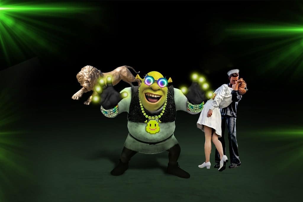 A cartoon ogre with glowing hands stands in the center, flanked by a bronze lion statue and two people posing, one in a white outfit and the other in dark attire, against a dark background.