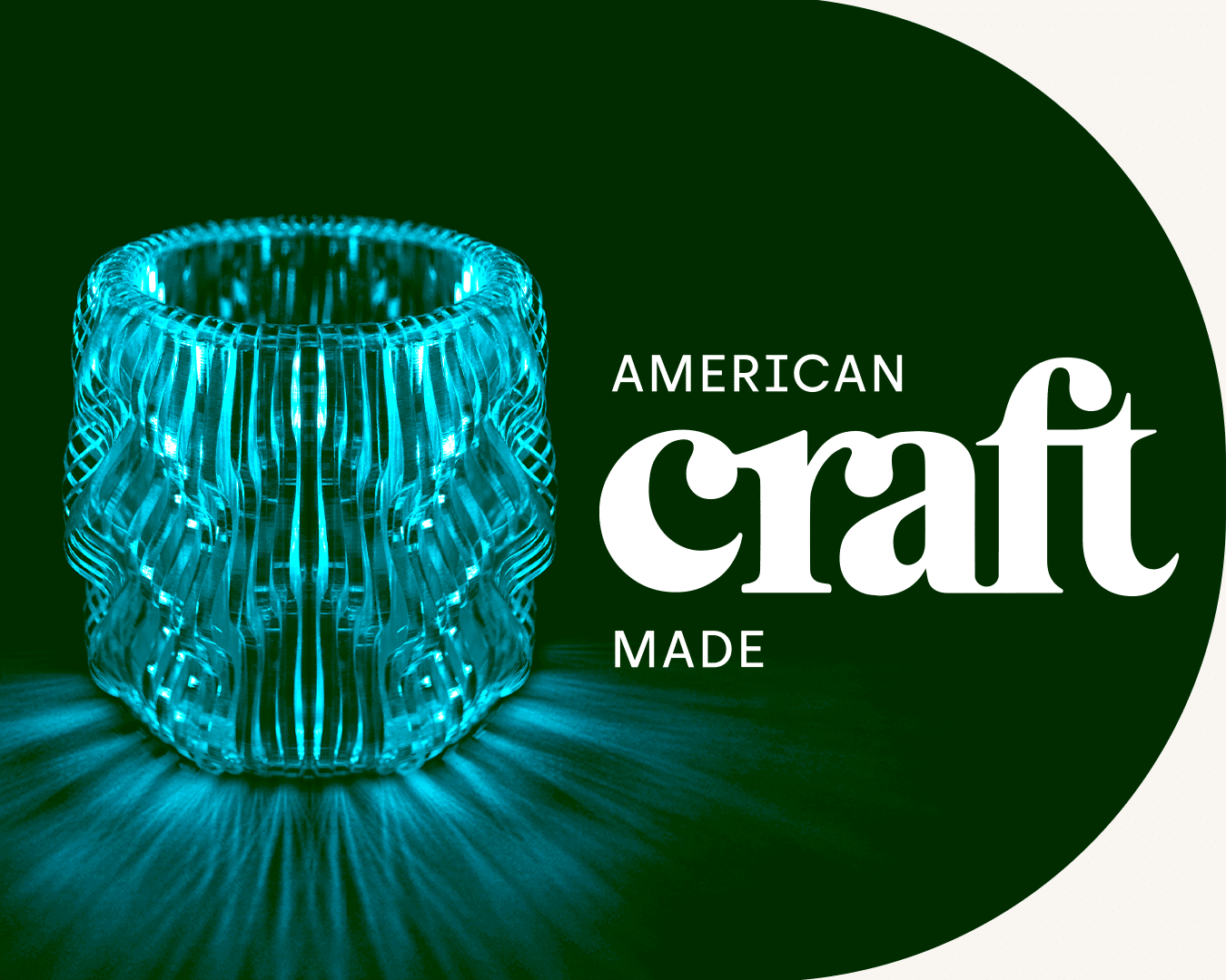 A glowing, intricately designed glass vessel sits next to the words 