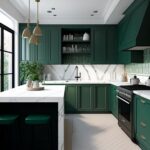 Modern kitchen with green cabinets, marble countertops, a central island with two stools, gold pendant lights, and large windows providing natural light.
