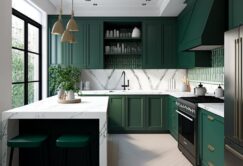 Modern kitchen with green cabinets, marble countertops, a central island with two stools, gold pendant lights, and large windows providing natural light.