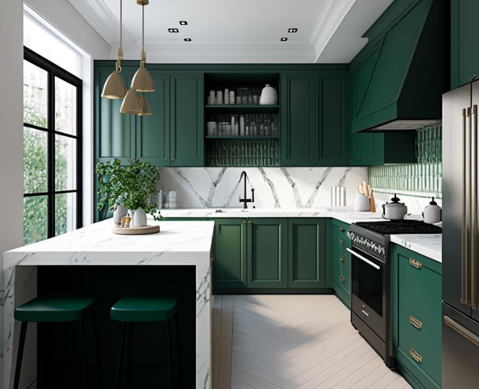 Modern kitchen with green cabinets, marble countertops, a central island with two stools, gold pendant lights, and large windows providing natural light.