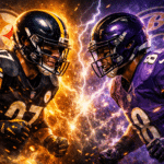 Two American football players, one in a Pittsburgh Steelers uniform and one in a Baltimore Ravens uniform, face off with intense expressions amid fiery and electric effects.