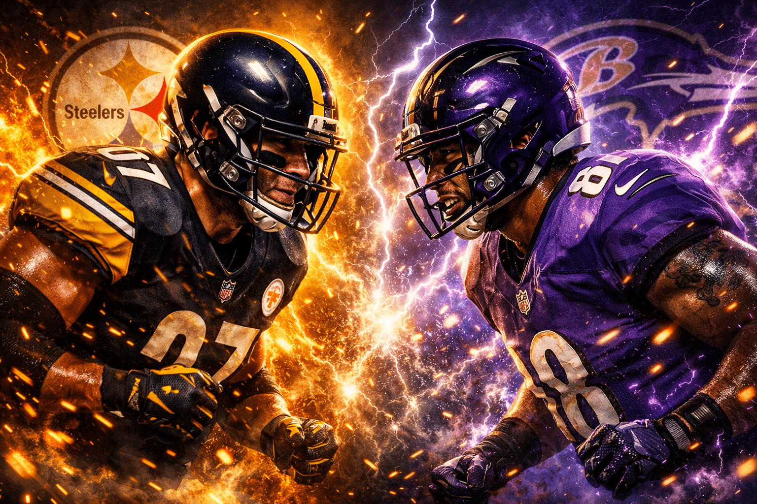 Two American football players, one in a Pittsburgh Steelers uniform and one in a Baltimore Ravens uniform, face off with intense expressions amid fiery and electric effects.