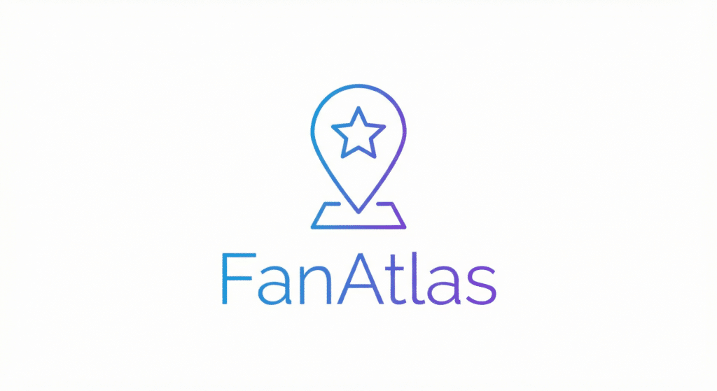 A location pin icon with a star inside is above the text "FanAtlas" in blue and purple gradient on a white background.