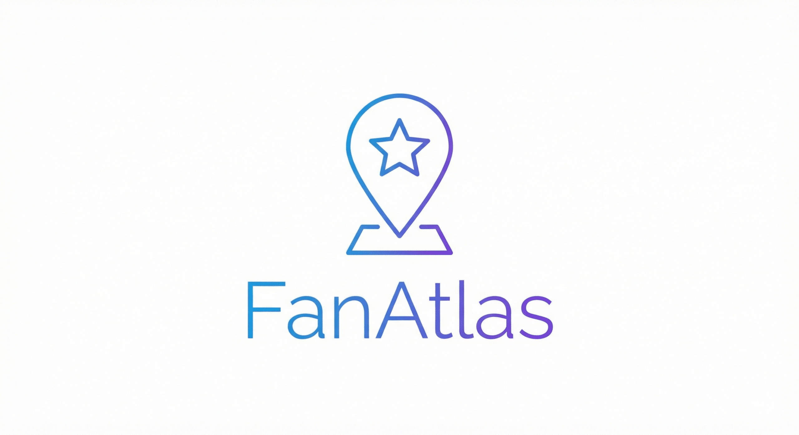 A location pin icon with a star inside is above the text "FanAtlas" in blue and purple gradient on a white background.
