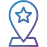 A location pin icon with a star in the center, outlined in blue and purple gradient.